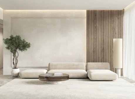 Bild von Front Ansicht eines Wohnzimmers, Spachteltechnik, Holzverkleidung und einer Couch